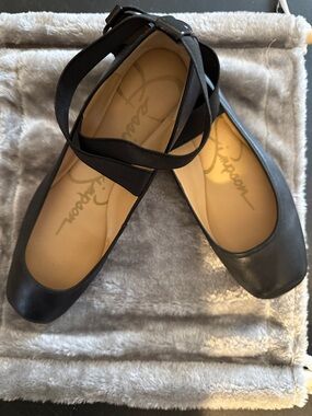 Jessica Simpson Black Leather Square-Toe Ballet Flats with Ankle Strap